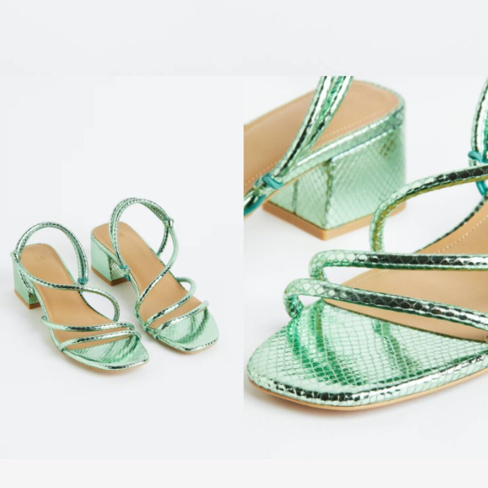 Heeled Mint Green Strappy H&M Snake Skin Sandals, size 6
